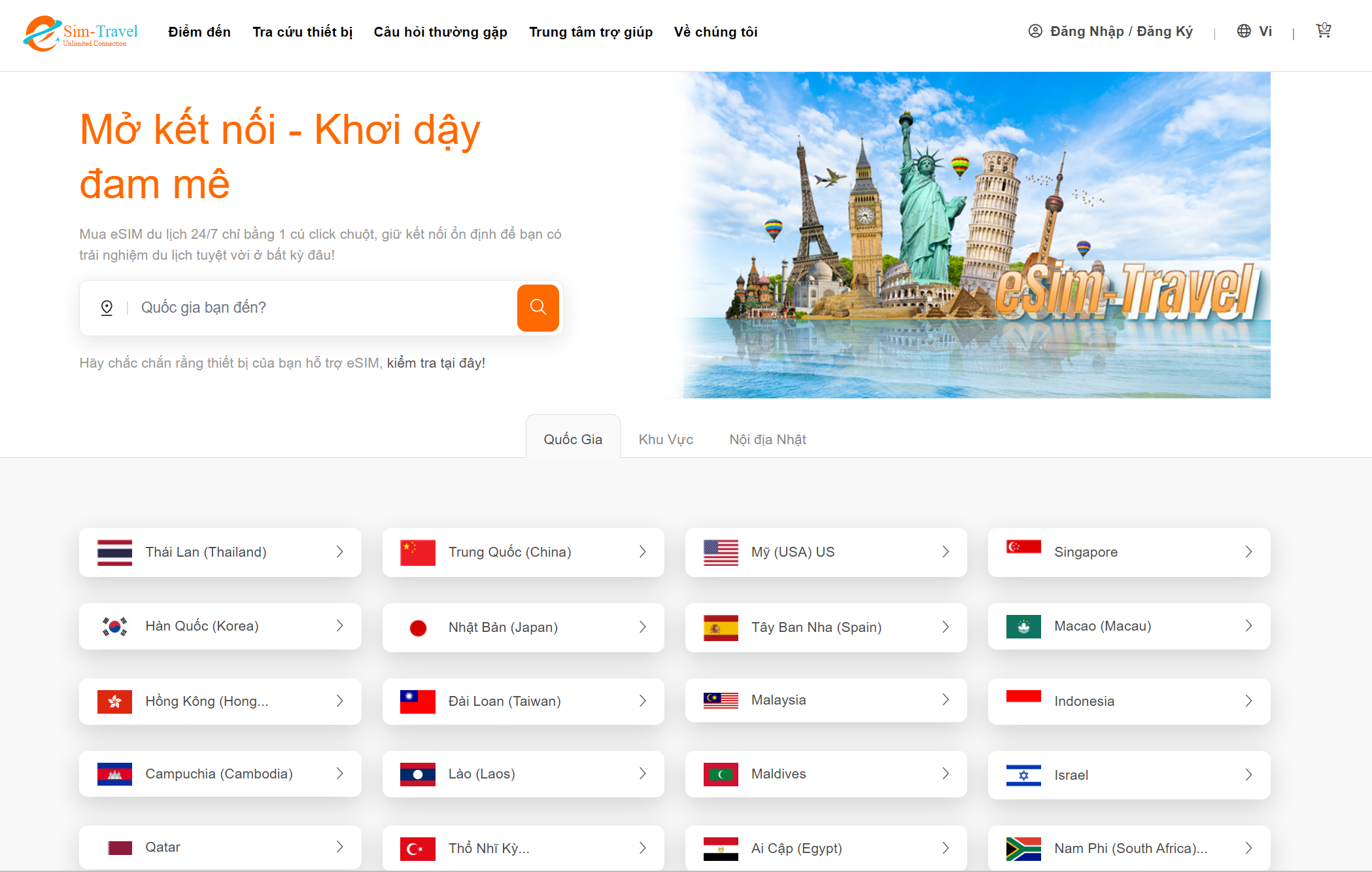 Giao diện website esim du lịch của Esim Travels