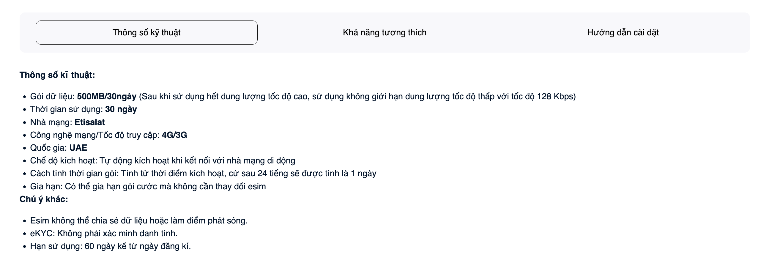 Thông số kĩ thuật được hiển thị đầy đủ dưới mỗi gói cước eSIM
