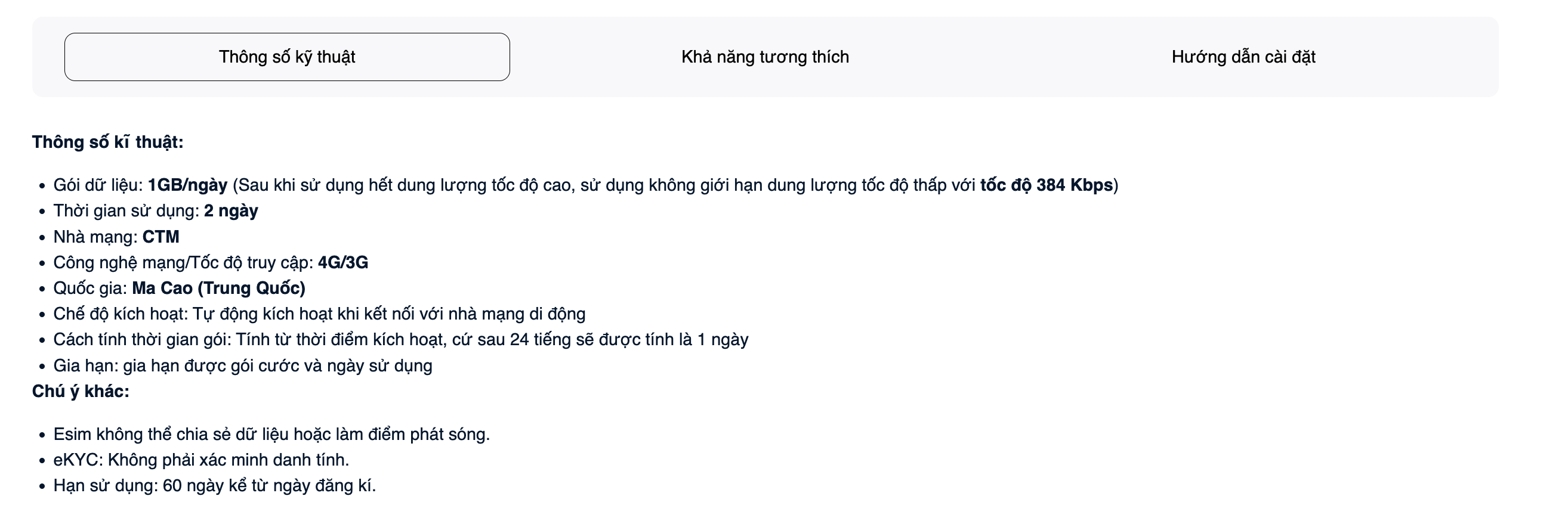Thông số kĩ thuật được hiển thị đầy đủ dưới mỗi gói cước eSIM